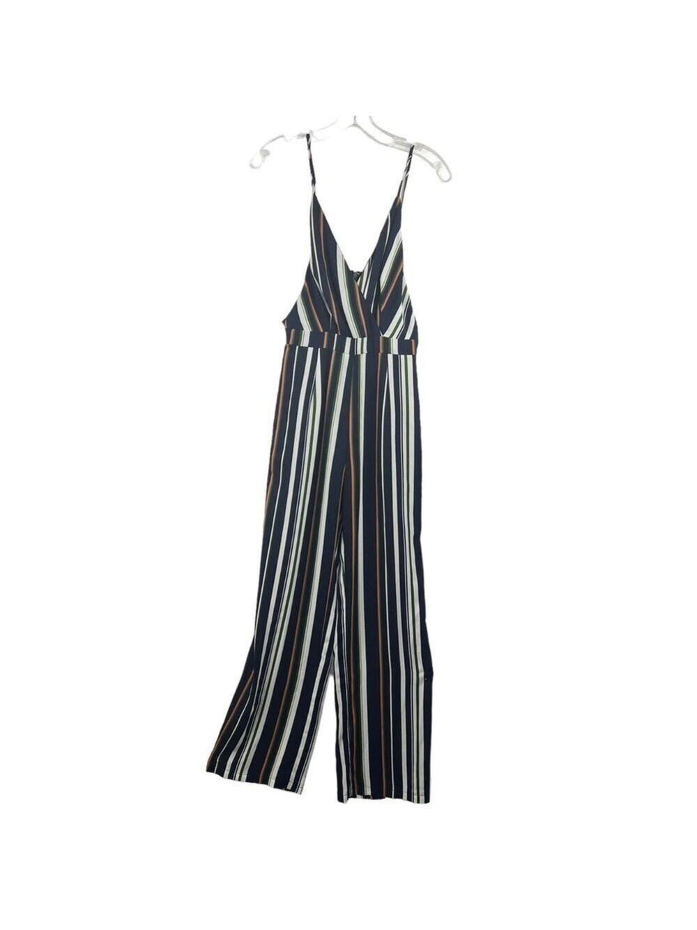 New-shop17 Vertical Striped Tie Back, Wide Leg, Strappy Jump Suit SM